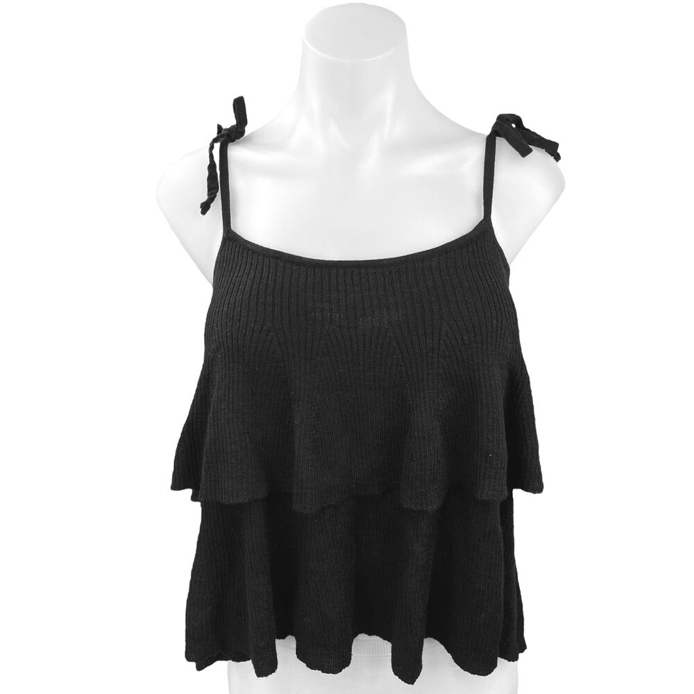 J.Crew Black Wool Rib Ruffle Tiered Sleeveless Cami Camisole Sweater Tank Top XS